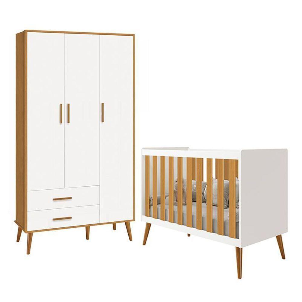 Jogo De Quarto Infantil Isis Guarda Roupa 3 Portas E Berço Branco/savana - Reller Móveis Branco/savana - 1