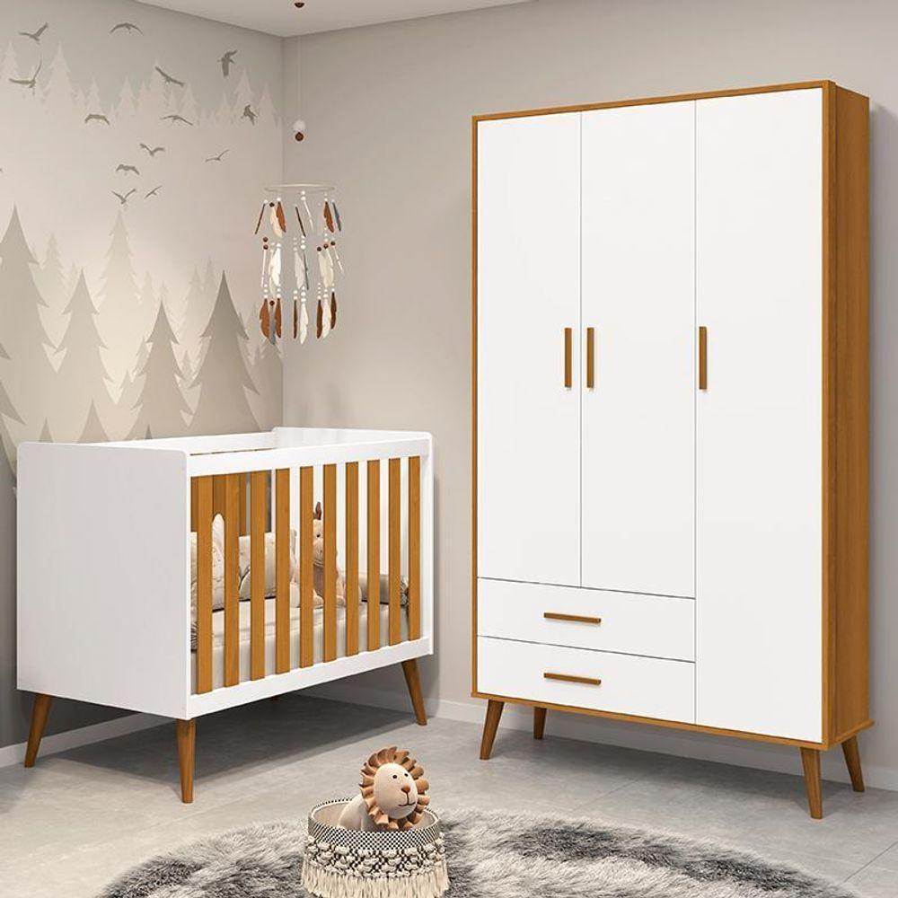 Jogo De Quarto Infantil Isis Guarda Roupa 3 Portas E Berço Branco/savana - Reller Móveis Branco/savana - 6