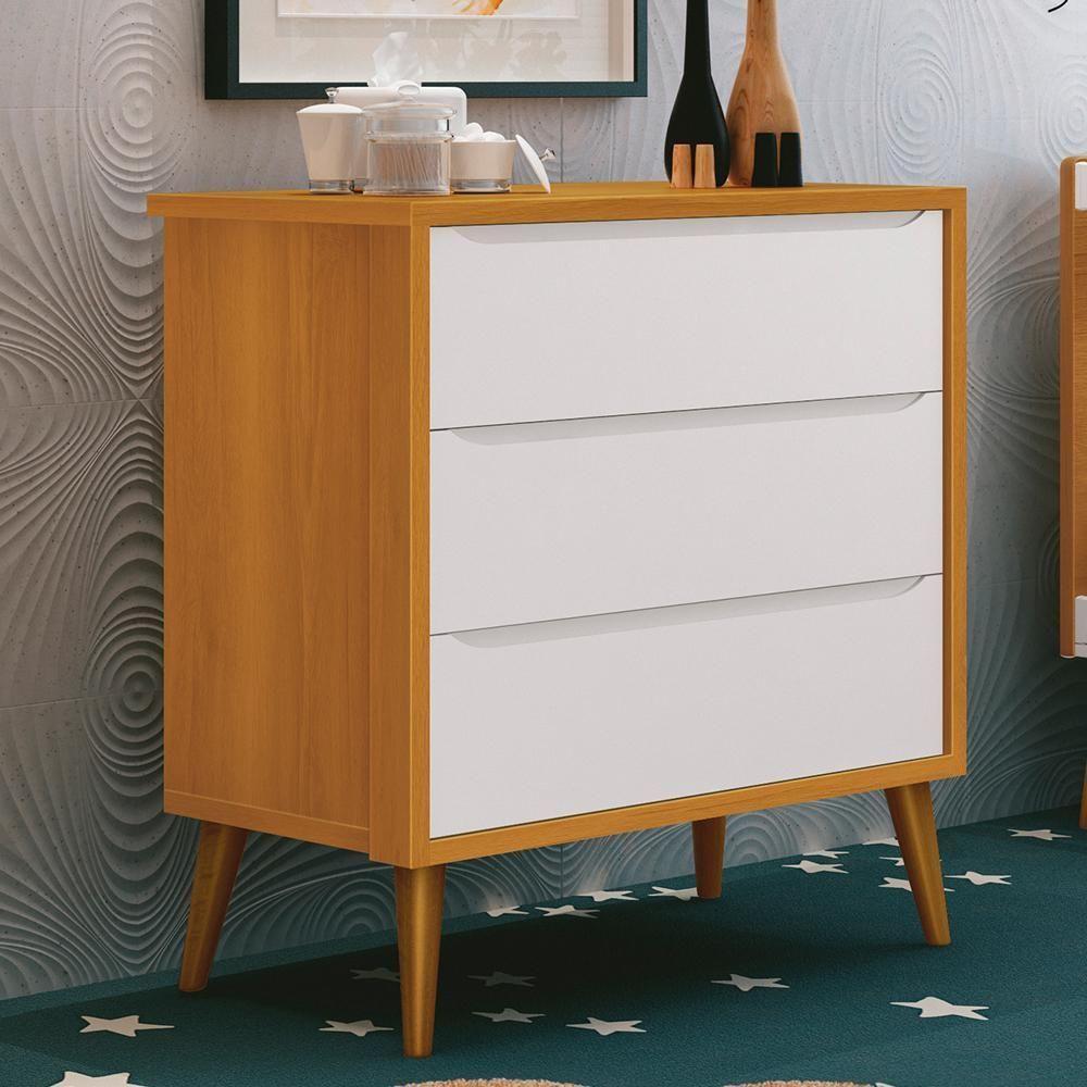 Cômoda Infantil 3 Gavetas Theo Retrô Branco/savana Com Pés Amadeirado - Reller Móveis Branco/savana - 4