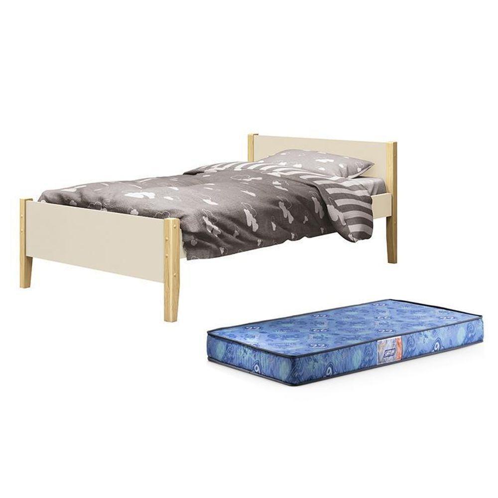 Cama Solteiro Simba Areia Fosco Com Pés Madeira Natural E Colchão D20 - Reller Móveis Areia Fosco - 1