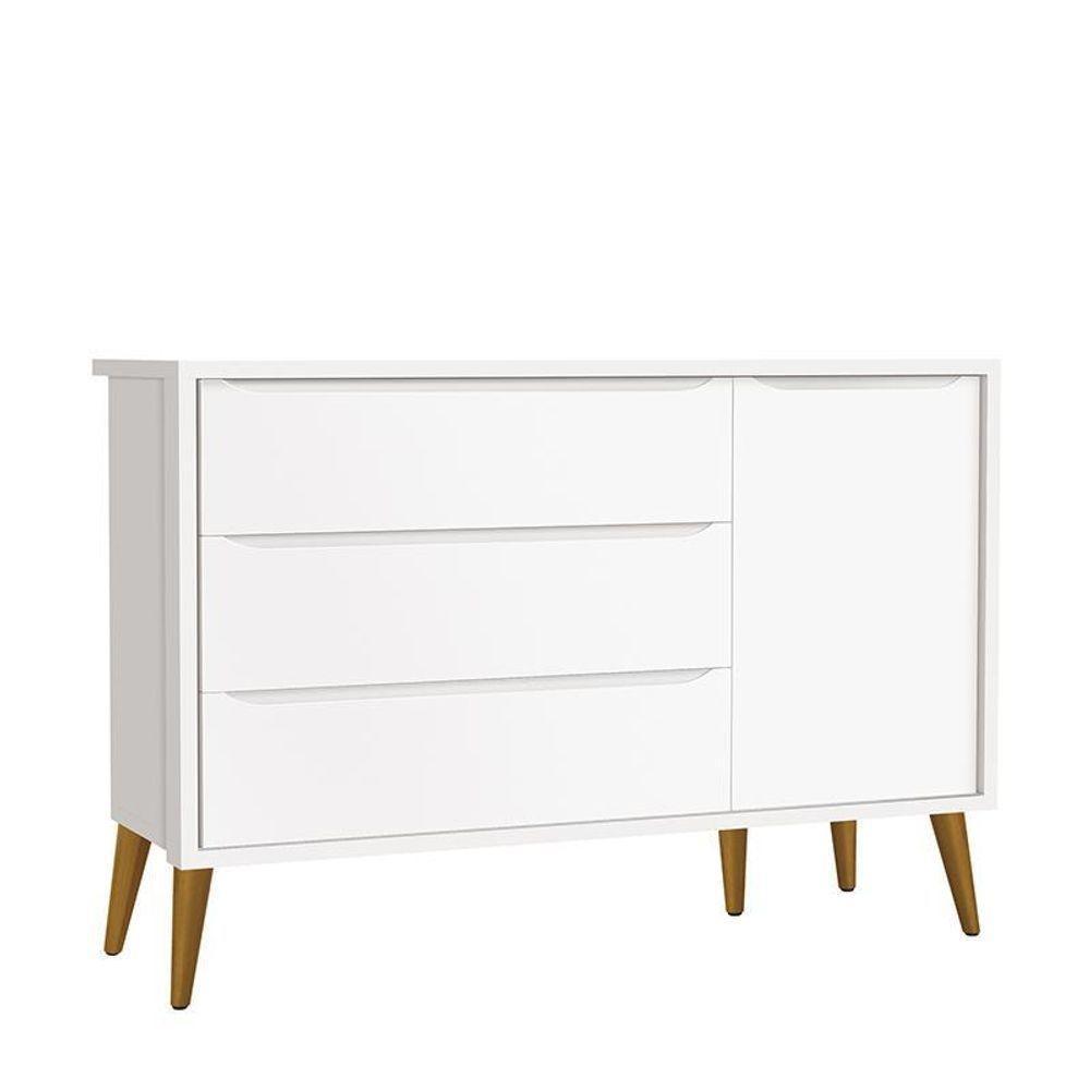 Cômoda Infantil 1 Porta E 3 Gavetas Theo Retrô Branco Fosco Com Pés Amadeirado - Reller Móveis Branco Fosco - 1