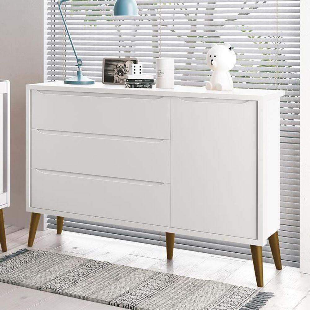 Cômoda Infantil 1 Porta E 3 Gavetas Theo Retrô Branco Fosco Com Pés Amadeirado - Reller Móveis Branco Fosco - 4