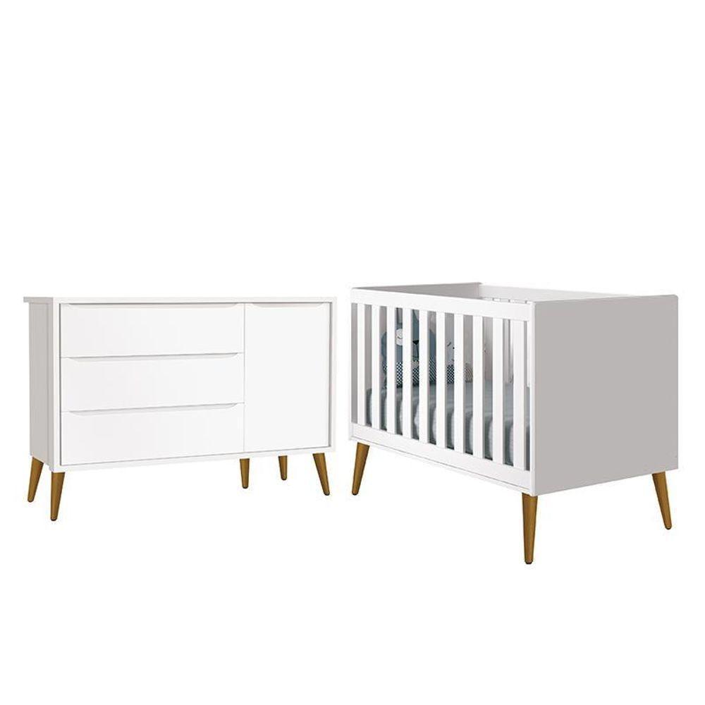 Jogo De Quarto Infantil Theo Retrô Cômoda 1 Porta E Berço Branco Fosco Com Pés Amadeirado - Reller Móveis Branco Fosco - 1