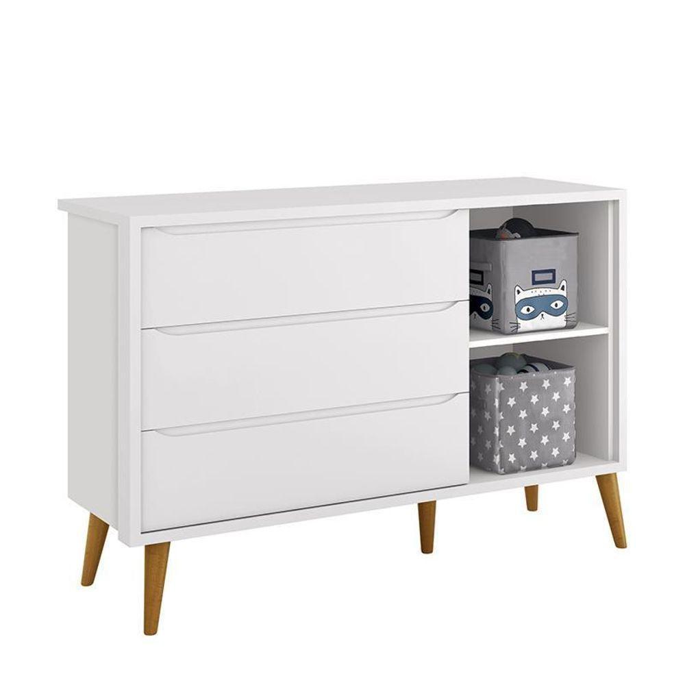 Jogo De Quarto Infantil Theo Retrô Cômoda 1 Porta E Berço Branco Fosco Com Pés Amadeirado - Reller Móveis Branco Fosco - 5