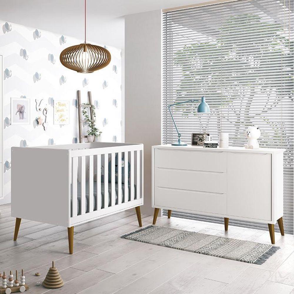 Jogo De Quarto Infantil Theo Retrô Cômoda 1 Porta E Berço Branco Fosco Com Pés Amadeirado - Reller Móveis Branco Fosco - 6