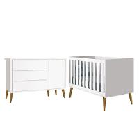 Jogo De Quarto Infantil Theo Retrô Cômoda 1 Porta E Berço Branco Fosco Com Pés Amadeirado - Reller Móveis Branco Fosco - 1