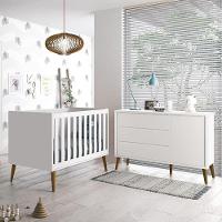 Jogo De Quarto Infantil Theo Retrô Cômoda 1 Porta E Berço Branco Fosco Com Pés Amadeirado - Reller Móveis Branco Fosco - 6