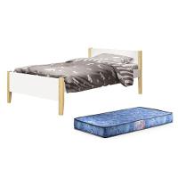 Cama Solteiro Simba Branco Fosco Com Pés Madeira Natural E Colchão D20 - Reller Móveis Branco Fosco - 1