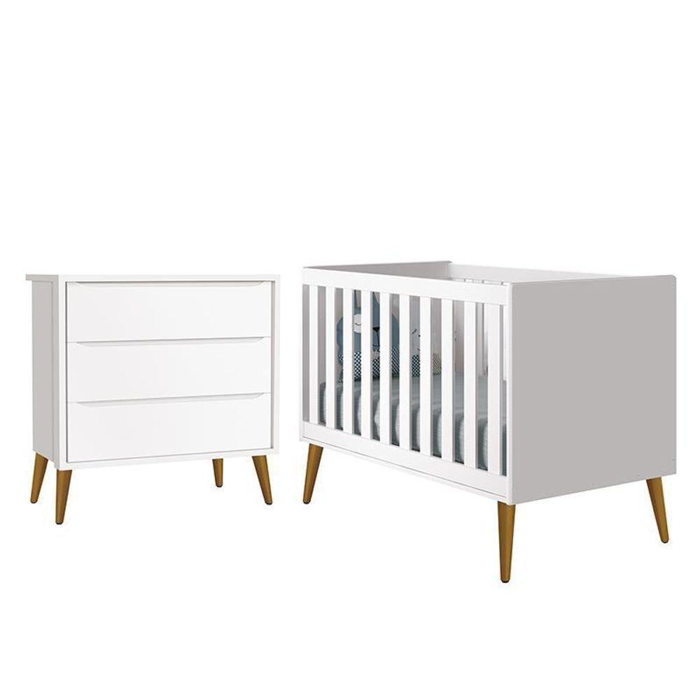 Jogo De Quarto Infantil Theo Retrô Cômoda 3 Gavetas E Berço Branco Fosco Com Pés Amadeirado - Reller Móveis Branco Fosco - 1