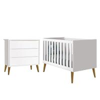 Jogo De Quarto Infantil Theo Retrô Cômoda 3 Gavetas E Berço Branco Fosco Com Pés Amadeirado - Reller Móveis Branco Fosco - 1
