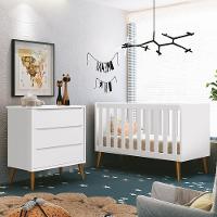Jogo De Quarto Infantil Theo Retrô Cômoda 3 Gavetas E Berço Branco Fosco Com Pés Amadeirado - Reller Móveis Branco Fosco - 5