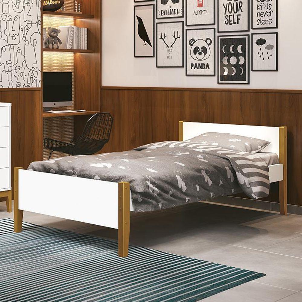 Cama Solteiro Simba Branco Fosco Com Pés Amadeirado E Colchão D20 - Reller Móveis Branco Fosco - 4