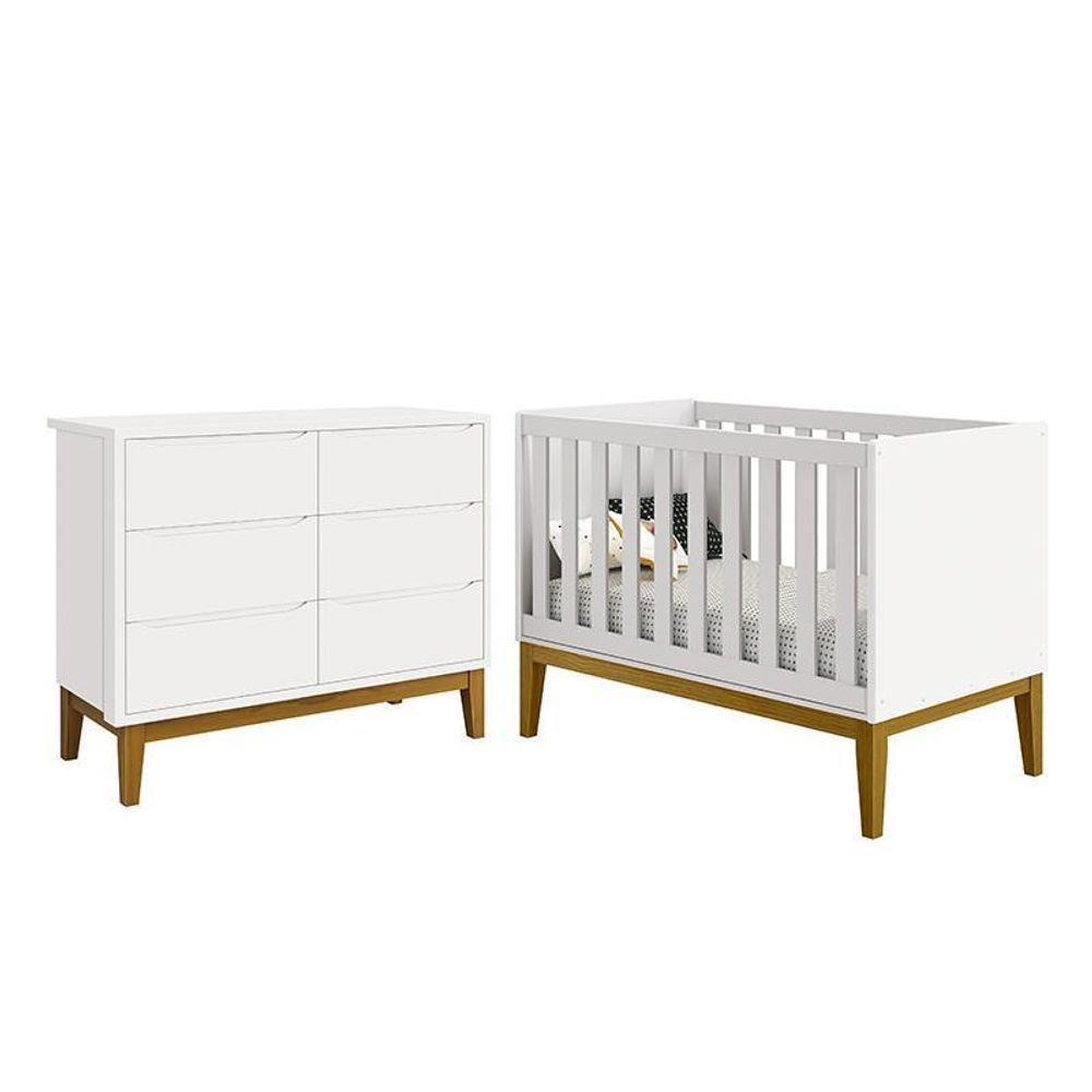 Jogo De Quarto Infantil Classic Cômoda 6 Gavetas E Berço Branco Fosco Com Pés Amadeirado - Reller Móveis Branco Fosco - 1