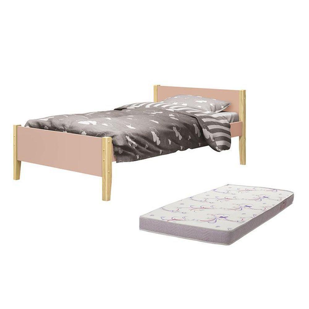 Cama Solteiro Simba Rosa Fosco Pés Madeira Natural Com Colchão D20 - Reller Móveis Rosa Fosco - 1