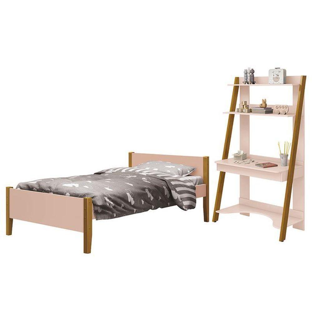 Jogo De Quarto Infantil Simba Estante Escrivaninha E Cama Rosa Fosco Com Pés Amadeirado - Reller Móveis Rosa Fosco - 1