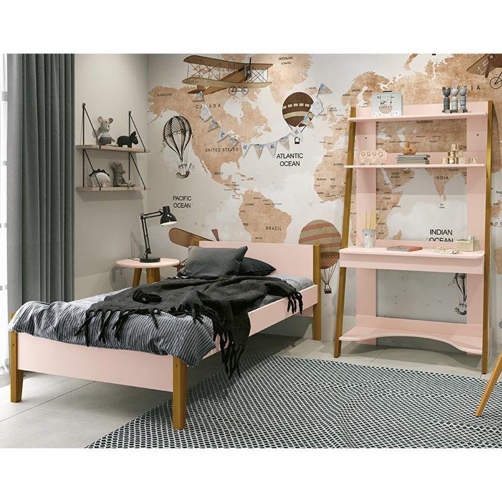 Jogo De Quarto Infantil Simba Estante Escrivaninha E Cama Rosa Fosco Com Pés Amadeirado - Reller Móveis Rosa Fosco - 7