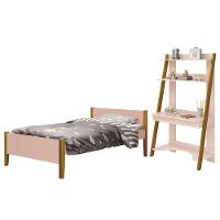 Jogo De Quarto Infantil Simba Estante Escrivaninha E Cama Rosa Fosco Com Pés Amadeirado - Reller Móveis Rosa Fosco - 1