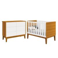 Jogo De Quarto Infantil Classic Cômoda 6 Gavetas E Berço Branco/savana Com Pés Amadeirado - Reller Móveis Branco/savana - 1