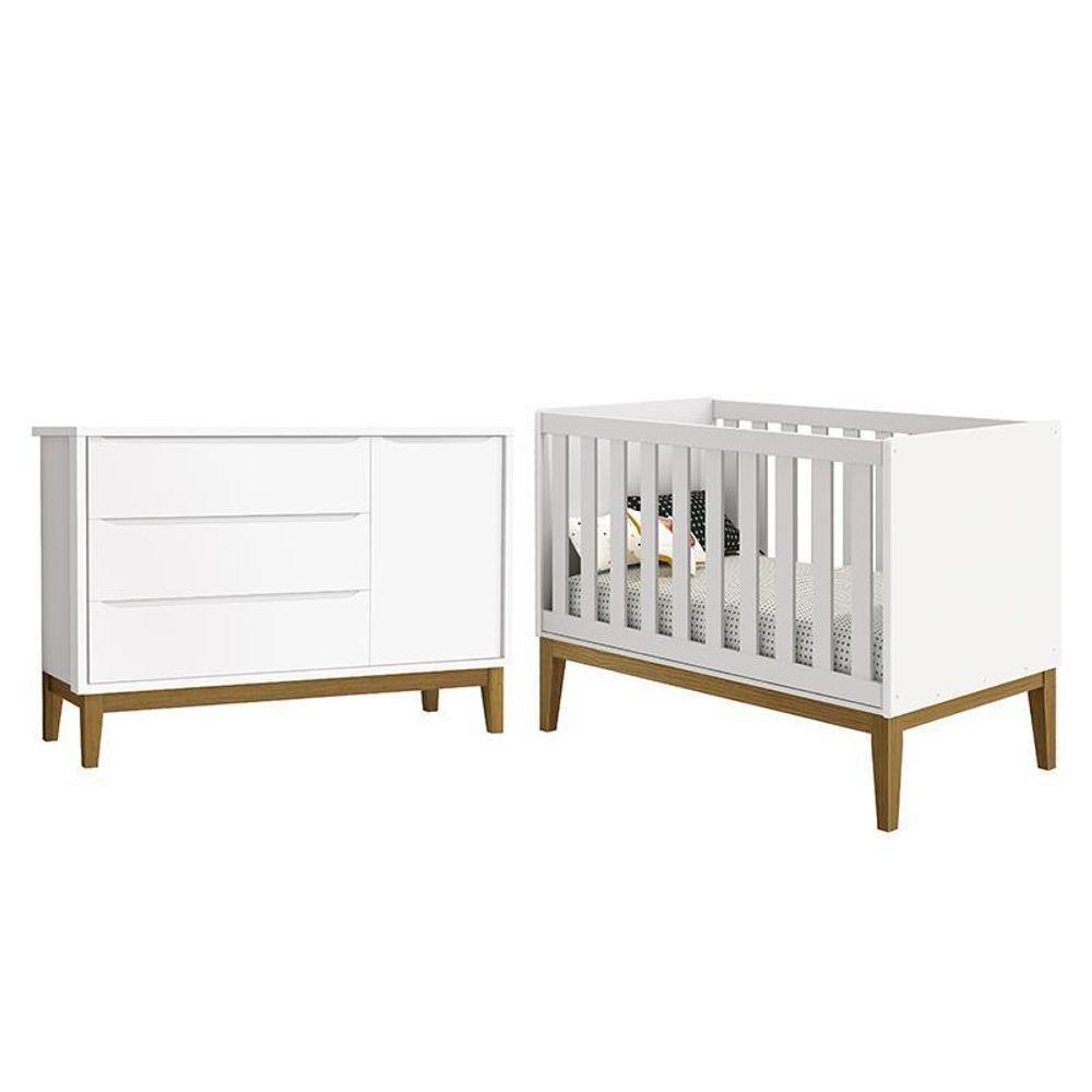 Jogo De Quarto Infantil Cômoda 1 Porta E Berço Classic Branco Fosco Com Pés Amadeirado - Reller Móveis Branco Fosco - 1