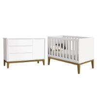 Jogo De Quarto Infantil Cômoda 1 Porta E Berço Classic Branco Fosco Com Pés Amadeirado - Reller Móveis Branco Fosco - 1