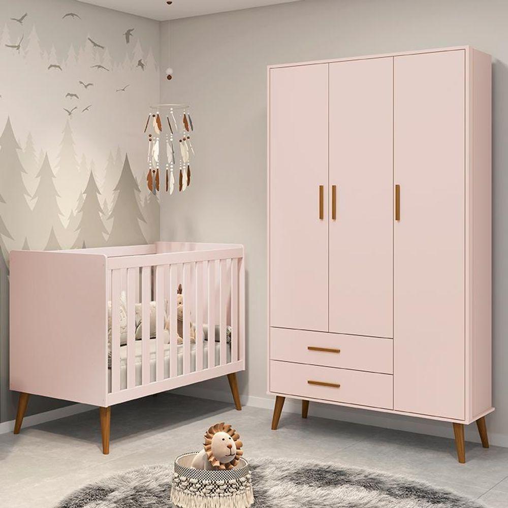 Jogo De Quarto Infantil Isis Guarda Roupa 3 Portas E Berço Rosa - Reller Móveis Rosa - 6