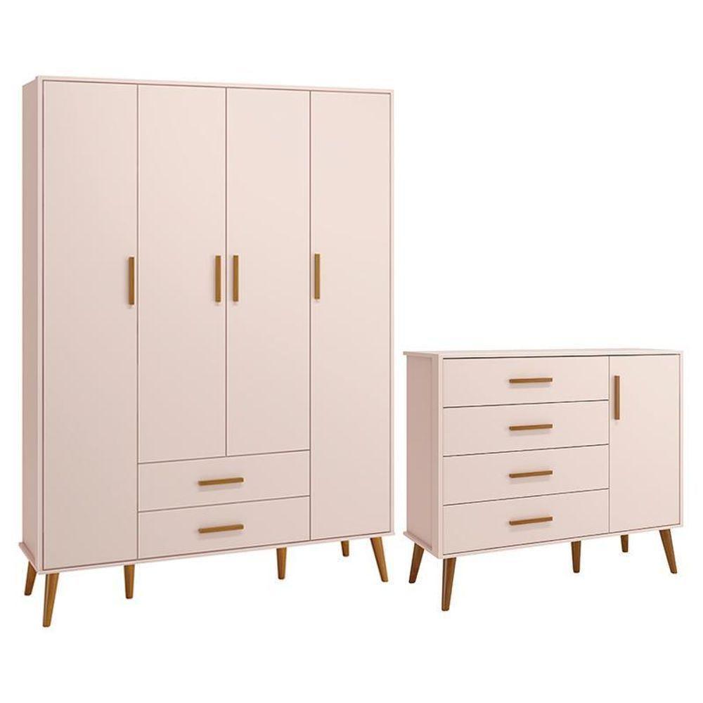 Jogo De Quarto Infantil Isis Guarda Roupa 4 Portas E Cômoda 1 Porta Rosa - Reller Móveis Rosa - 1