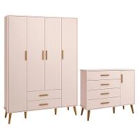 Jogo De Quarto Infantil Isis Guarda Roupa 4 Portas E Cômoda 1 Porta Rosa - Reller Móveis Rosa - 1