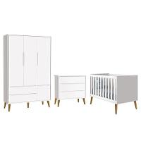 Dormitório Infantil Theo Retrô 3 Portas, Cômoda E Berço Branco Fosco Com Pés Amadeirado - Reller Móveis Branco Fosco - 1