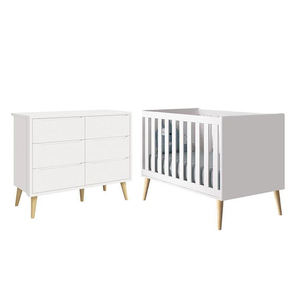 Jogo De Quarto Infantil Theo Cômoda 6 Gavetas E Berço Branco Fosco Com Pés Madeira Natural - Reller Móveis Branco Fosco - 1