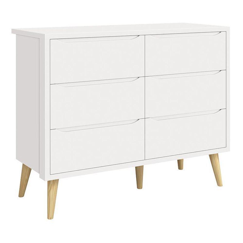 Jogo De Quarto Infantil Theo Cômoda 6 Gavetas E Berço Branco Fosco Com Pés Madeira Natural - Reller Móveis Branco Fosco - 3