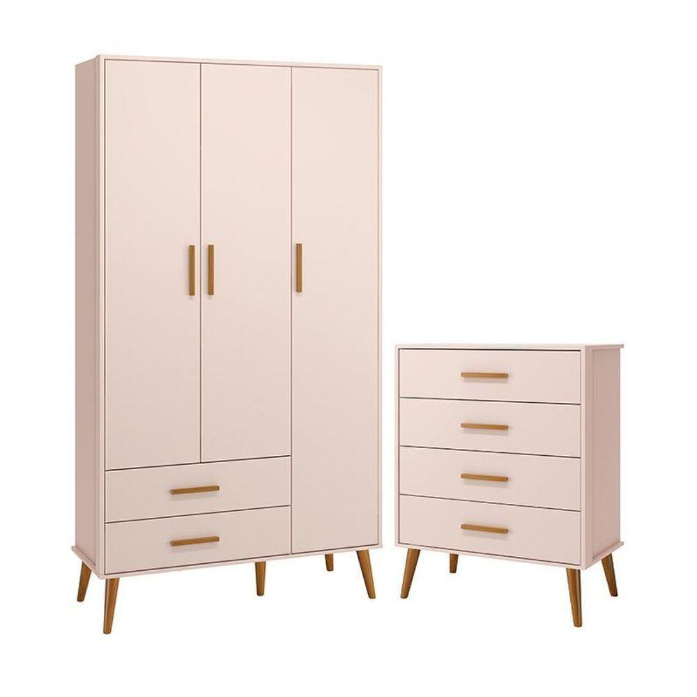 Jogo De Quarto Infantil Isis Guarda Roupa 3 Portas E Cômoda 4 Gavetas Rosa - Reller Móveis Rosa - 1