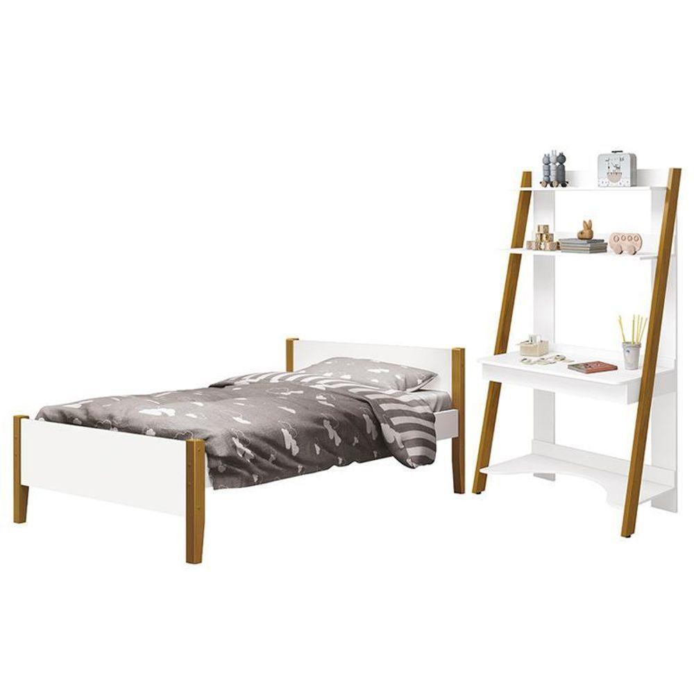 Jogo De Quarto Infantil Simba Estante Escrivaninha E Cama Branco Fosco Com Pés Amadeirado - Reller Móveis Branco Fosco - 1