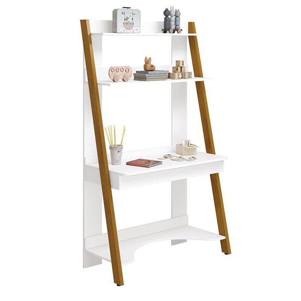 Jogo De Quarto Infantil Simba Estante Escrivaninha E Cama Branco Fosco Com Pés Amadeirado - Reller Móveis Branco Fosco - 5