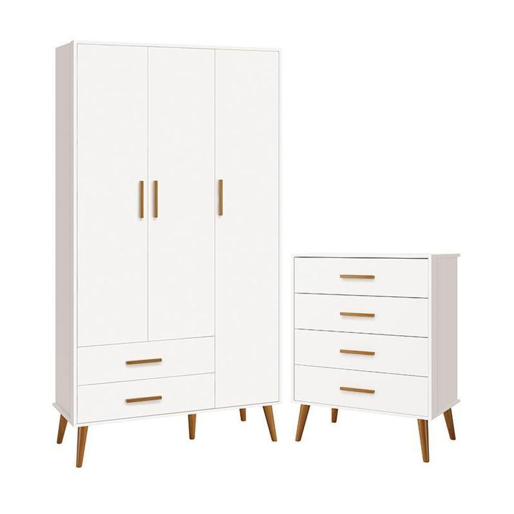 Jogo De Quarto Infantil Isis Guarda Roupa 3 Portas E Cômoda 4 Gavetas Branco - Reller Móveis Branco - 1