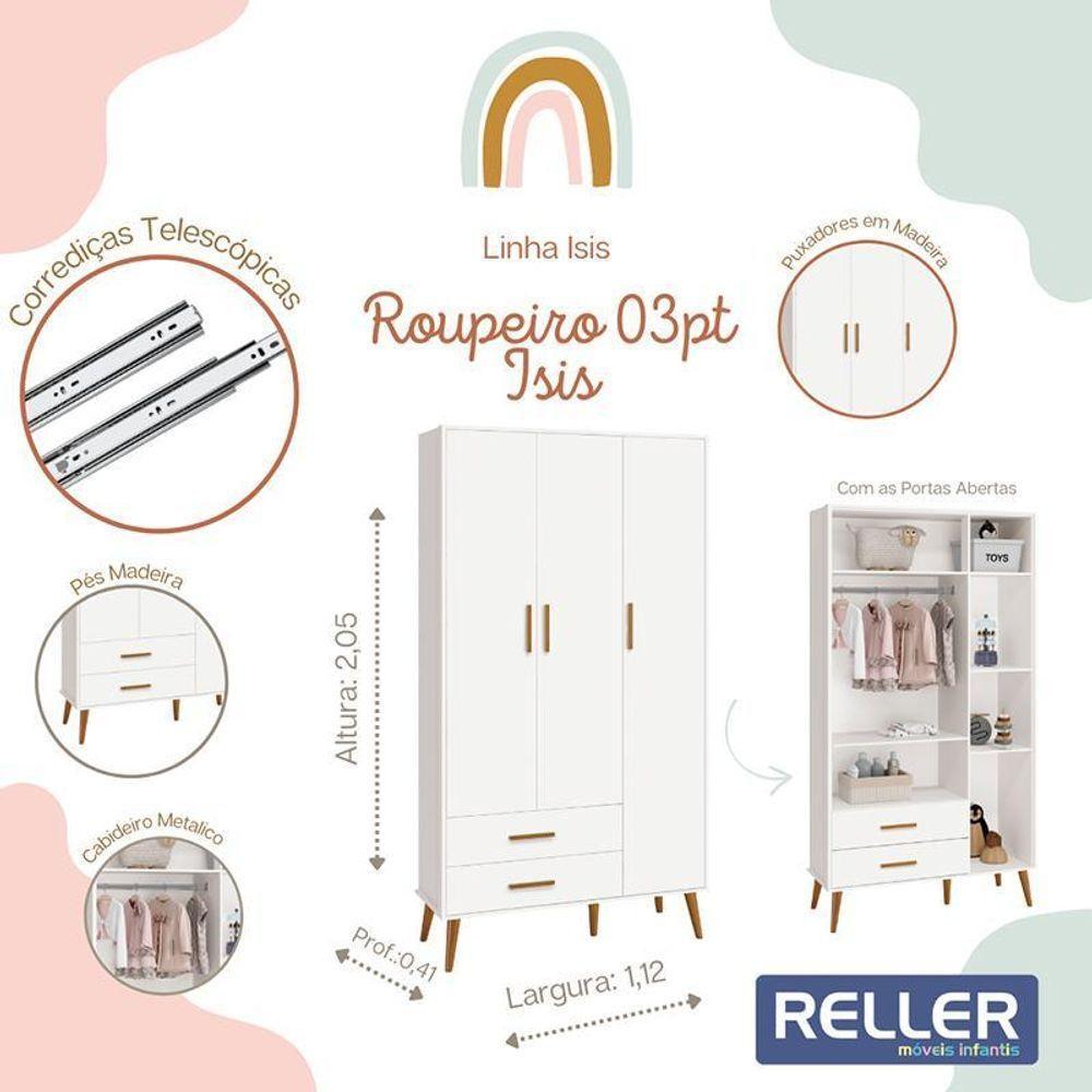 Jogo De Quarto Infantil Isis Guarda Roupa 3 Portas E Cômoda 4 Gavetas Branco - Reller Móveis Branco - 4