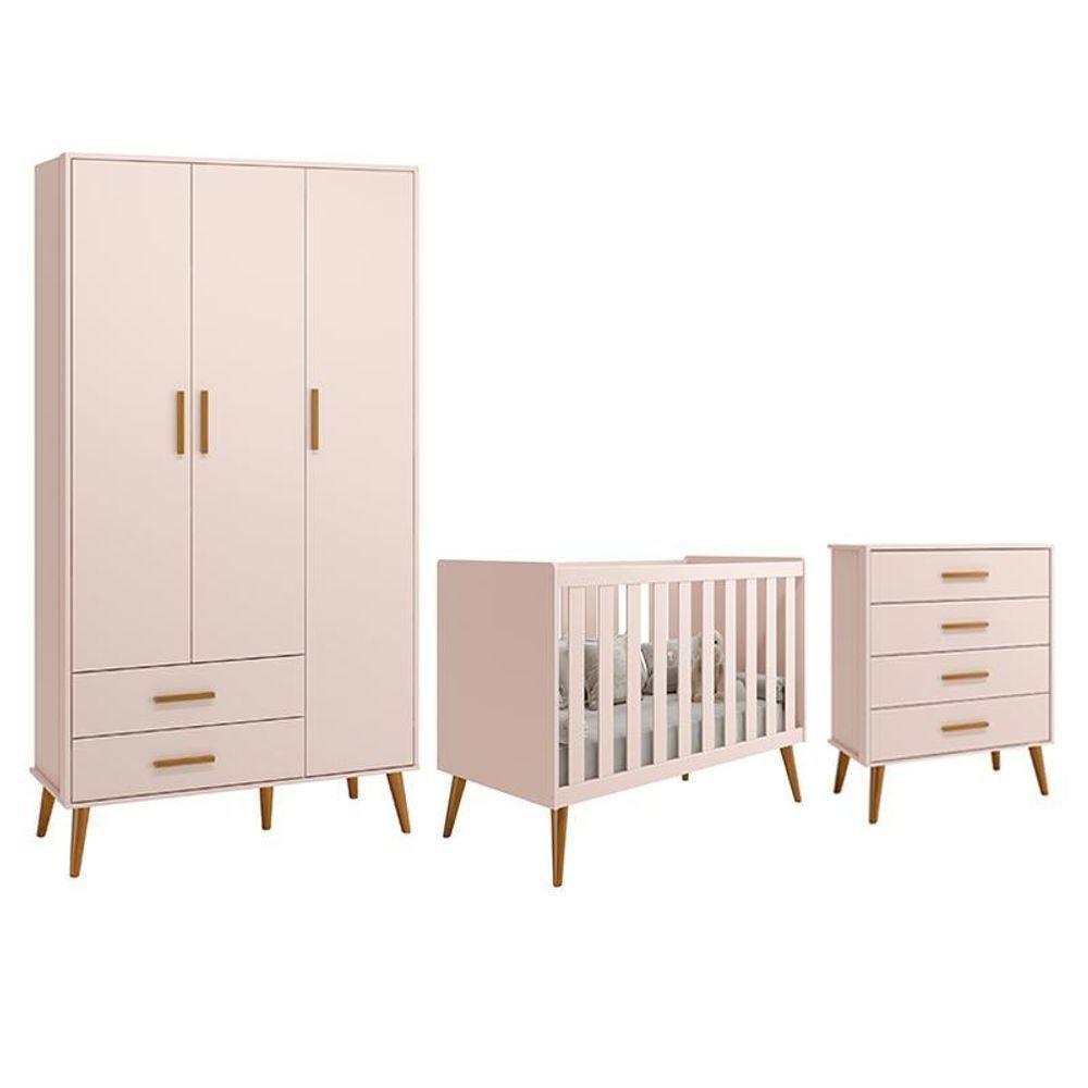 Dormitório Infantil Isis Guarda Roupa 3 Portas, Cômoda E Berço Rosa - Reller Móveis Rosa - 1