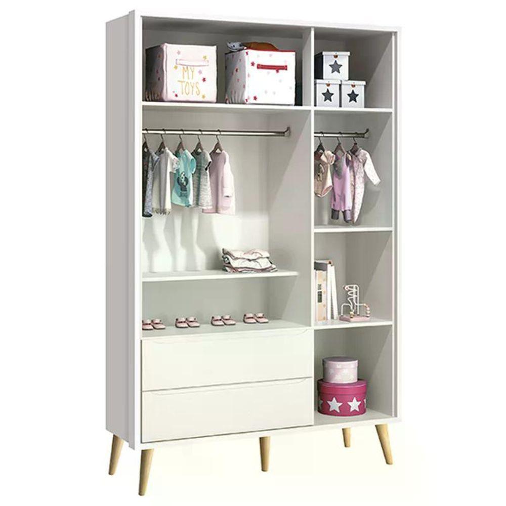 Quarto Com Berço Theo E Guarda Roupa 3 Portas Branco Fosco E Pés Madeira Natural - Reller Móveis Branco Fosco - 3