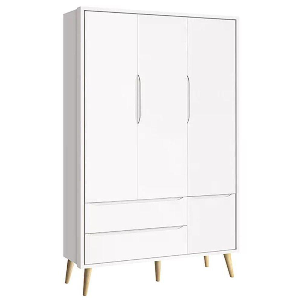Quarto Com Berço Theo E Guarda Roupa 3 Portas Branco Fosco E Pés Madeira Natural - Reller Móveis Branco Fosco - 4