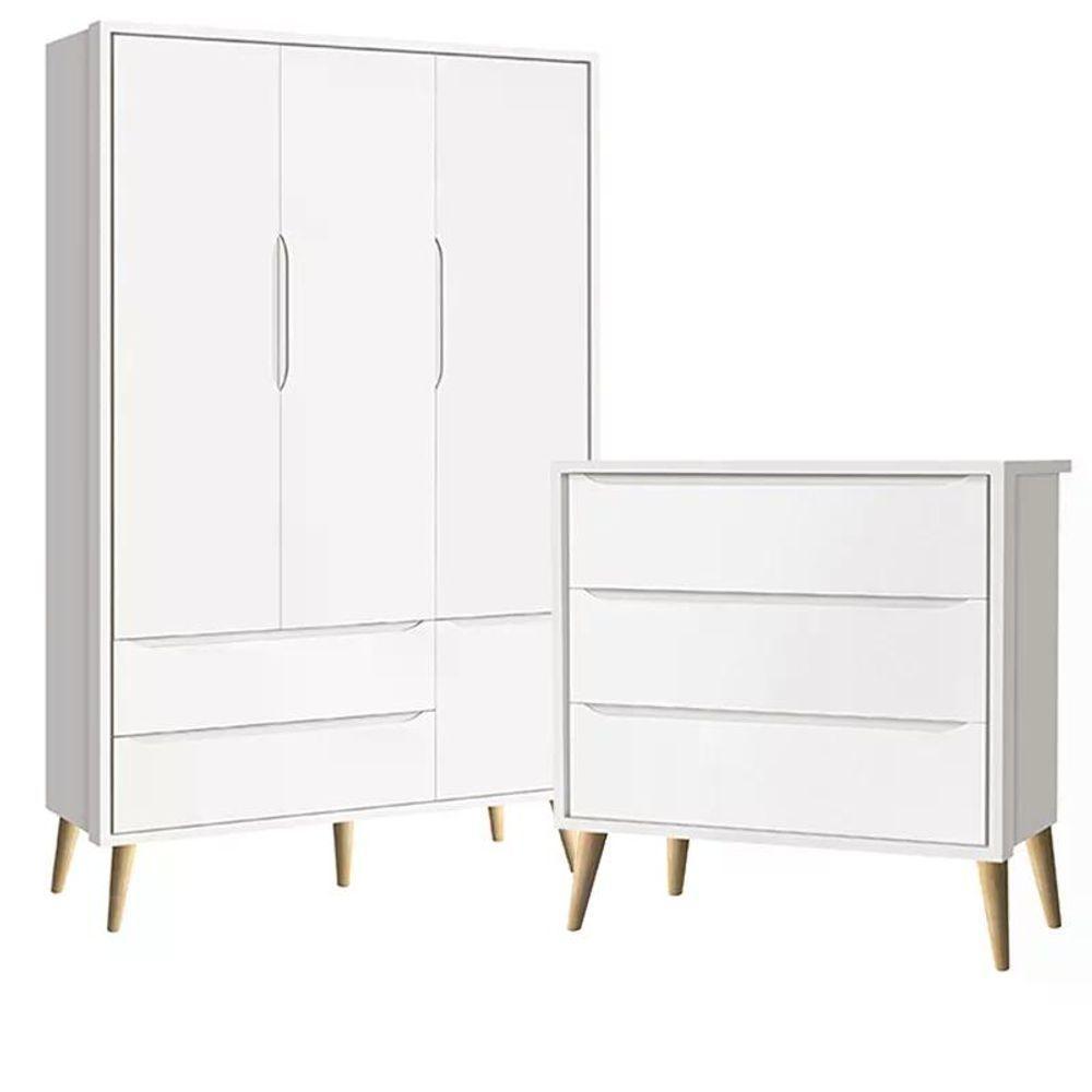 Guarda Roupa 3 Portas E Cômoda 3 Gav Theo Branco Fosco Pés Madeira Natural - Reller Móveis Branco Fosco - 1