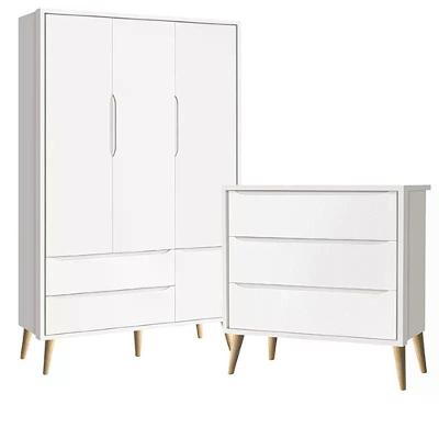 Conjunto de Quarto Theo Guarda Roupa Infantil 3 Portas de Bater 5 Gavetas MDF Branco Fosco