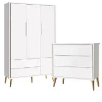 Guarda Roupa 3 Portas E Cômoda 3 Gav Theo Branco Fosco Pés Madeira Natural - Reller Móveis Branco Fosco - 1