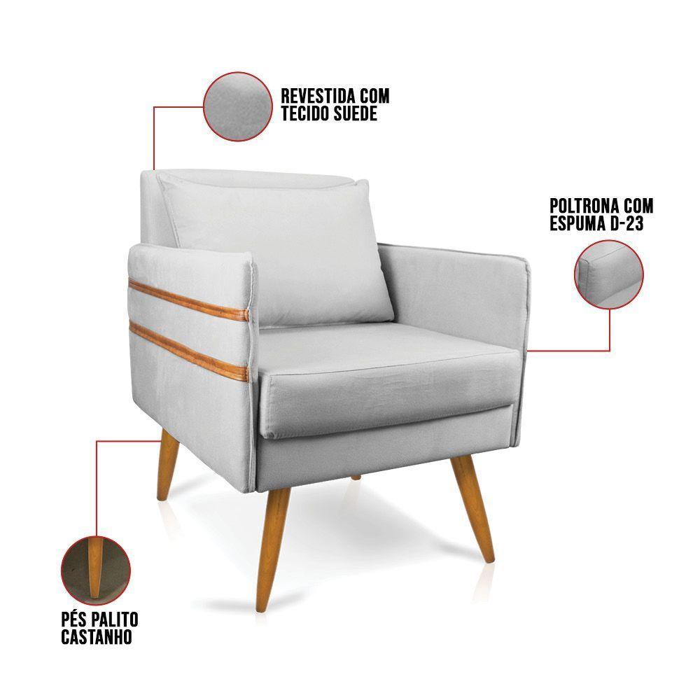 Kit 02 Poltronas Mari Suede Cinza Pés Palito Castanho - 3