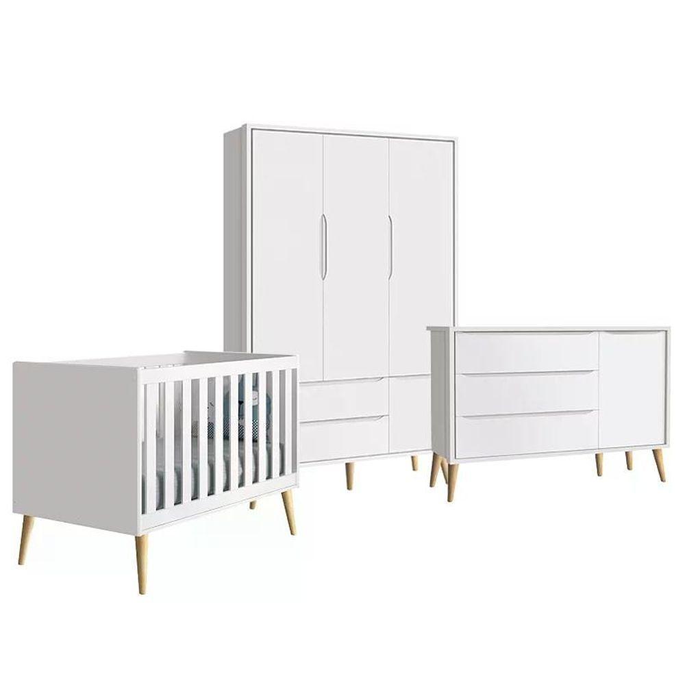 Quarto Infantil Theo 3 Portas Branco Fosco Com Pés Madeira Natural - Reller Móveis Branco Fosco - 1