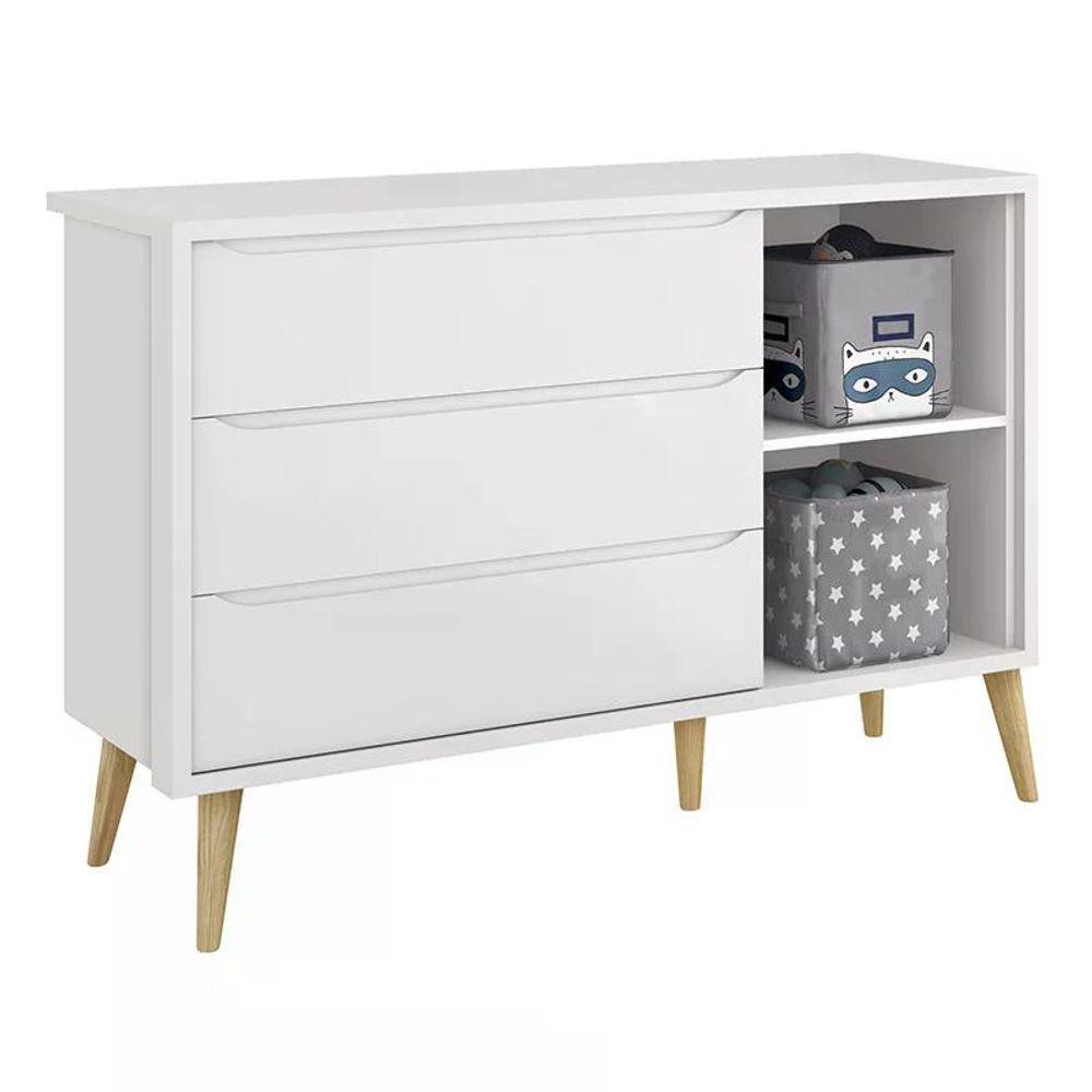 Quarto Infantil Theo 3 Portas Branco Fosco Com Pés Madeira Natural - Reller Móveis Branco Fosco - 4