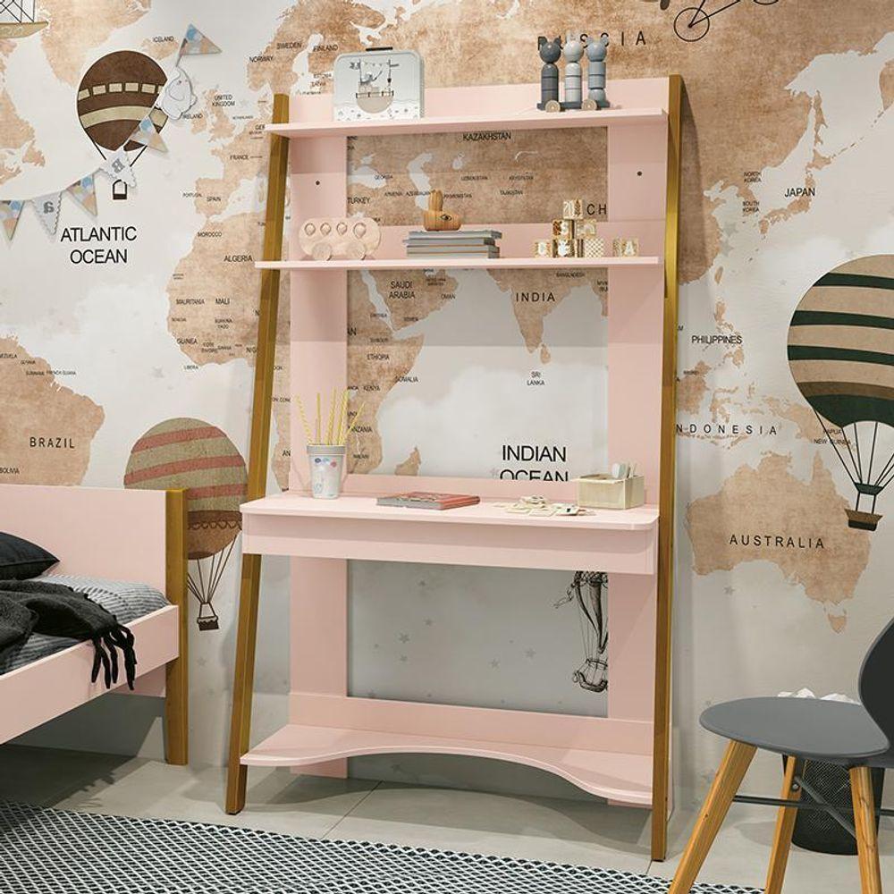 Estante Escrivaninha Simba Rosa Fosco Com Pés Amadeirado - Reller Móveis Rosa Fosco - 6