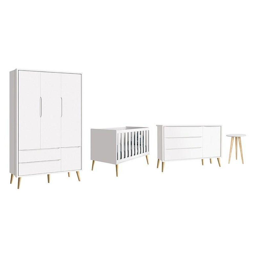 Dormitório Theo 3 Portas E Mesa De Canto Branco Com Pés Madeira Natural - Reller Móveis Branco - 1