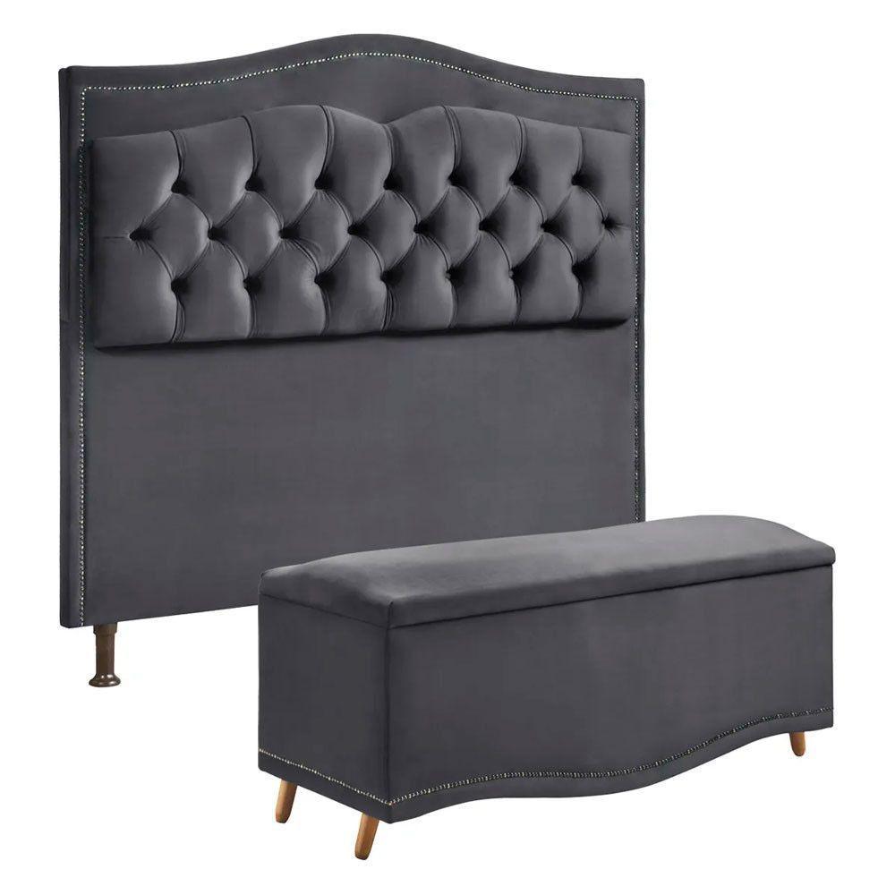 Cabeceira E Calçadeira Holanda 90cm 2.0 Shop Das Cabeceiras Cinza Chumbo - 1