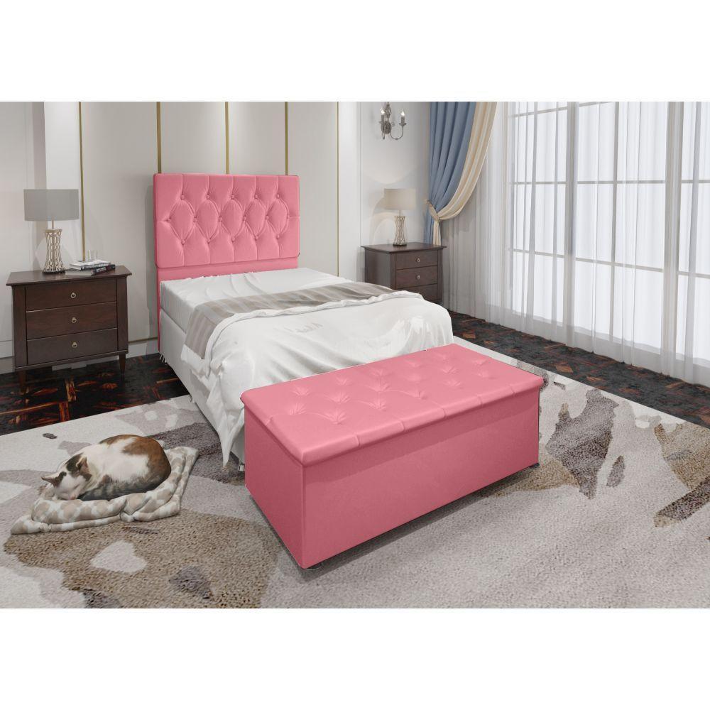 Kit Cabeceira Calçadeira Baú Solteiro 90cm Suede Rosa - 3