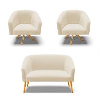 Kit 1 Namoradeira E 2 Poltronas Base Madeira A27 Areia - 1