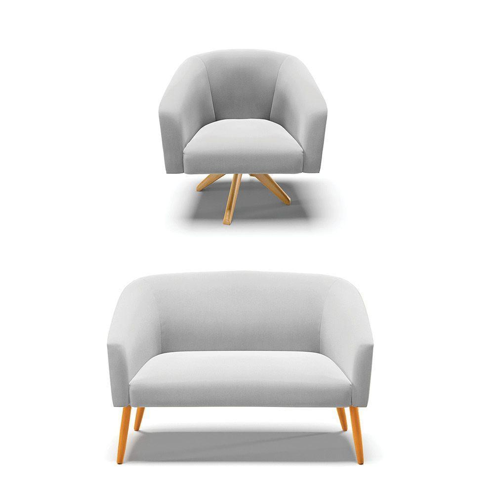 Kit 1 Namoradeira E 1 Poltrona Giratória Cinza Base Madeira - 1